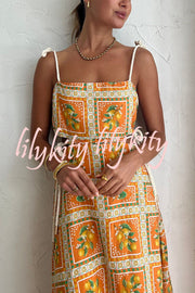 Orange Summer Printed Linen Blend Cutout Tie-up Design Maxi Dress