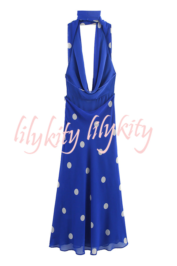 Fashion Polka Dot Print Sexy Halter Neck Backless Maxi Dress