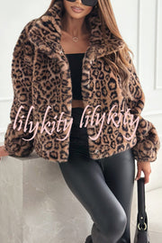 Stylish Leopard Print Lapel Long Sleeve Short Coat