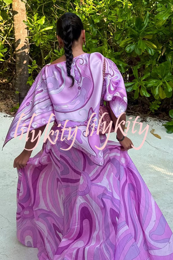 Anzio Satin Unique Print Cape Top and High Rise Elastic Waist A-line Maxi Skirt Set