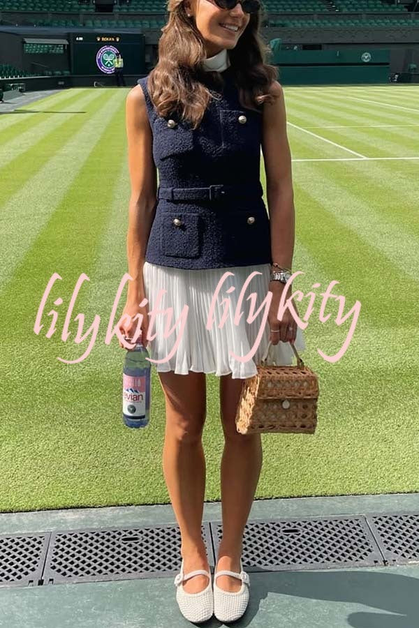 Sporty Elegance Tweed Metal Button Belted Pleated Hem Mini Dress