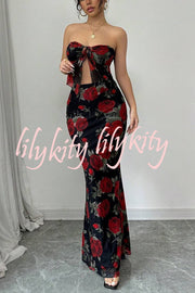 Floral Print Sexy Bandeau Lace-up Top and Slim Mesh Stretch Maxi Skirt Set