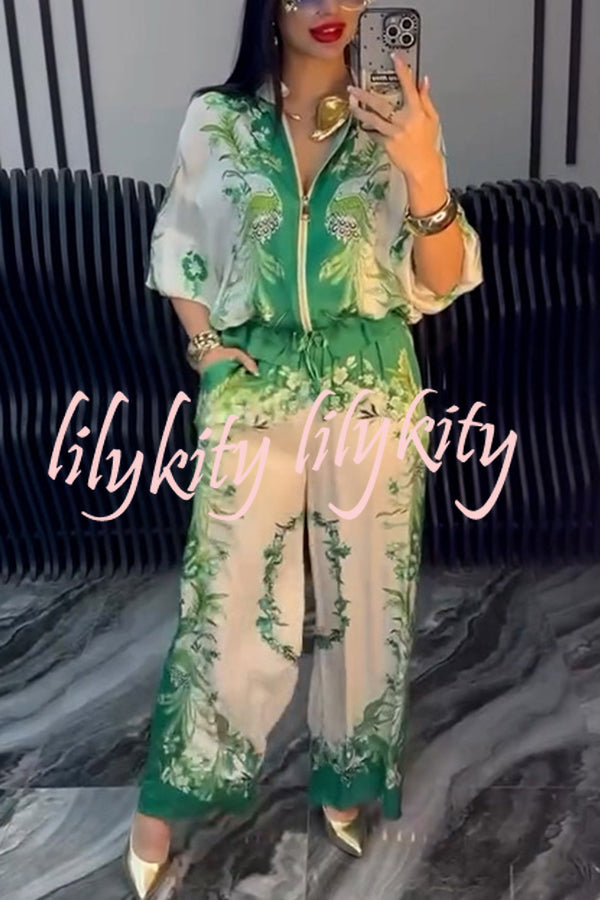 Unique Printed Casual Long-sleeved Loose Top and Elastic Waist Pocket Wide-leg Pants Set
