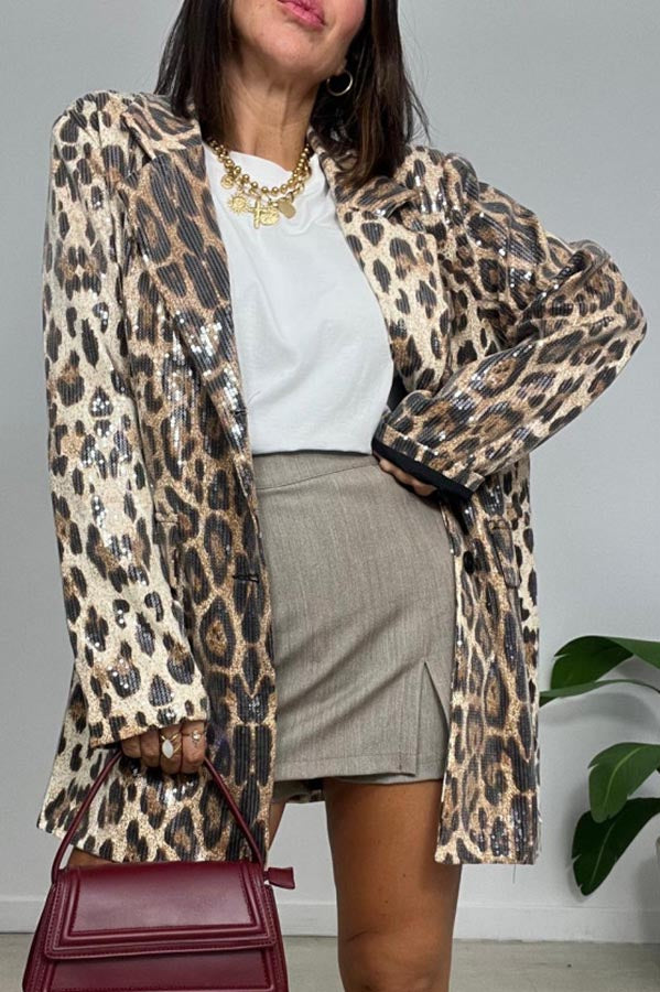 Ignite My Heart Sequin Leopard Print Lapel Oversized Blazer