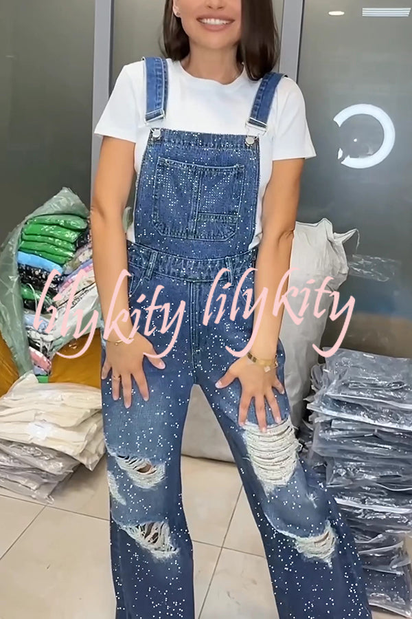 Fashionable Hot Diamond Casual Pocket Ripped Denim Overalls