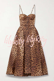 Unleash Your Wild Leopard Rhinestone Trim Back Smocked Midi Dress