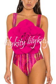 Fashionable Contrast Color Large Flower Stretch One-piece Swimsuit