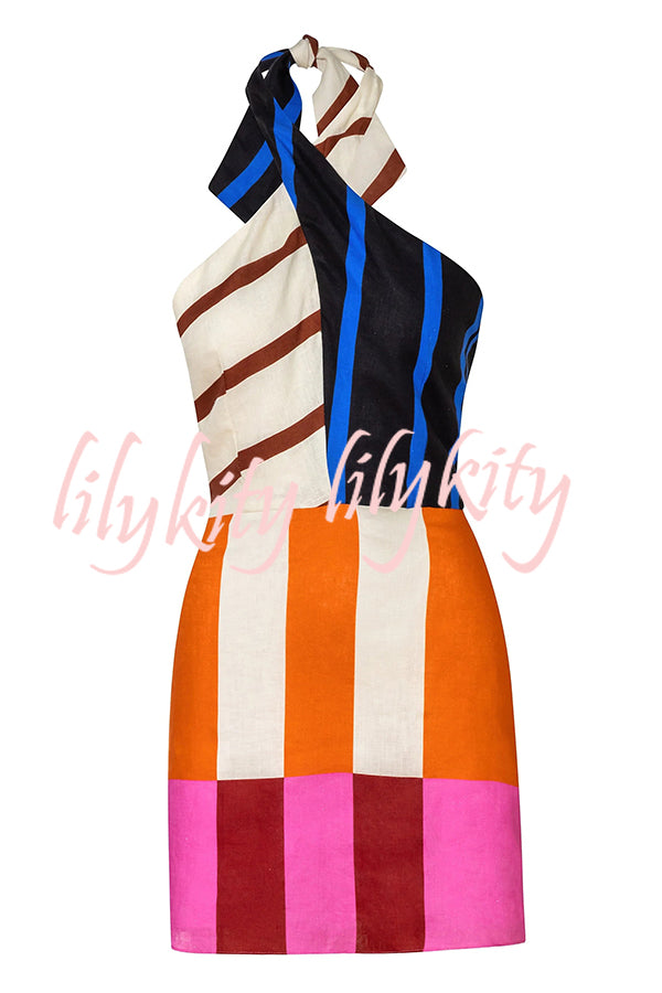 Jeniah Linen Blend Color Block Print Cross Halter Tie-up Loose Mini Dress