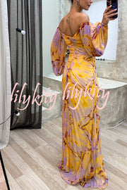 Sunset Serenade Printed Off Shoulder Diamond Embellished Pleated Slit Maxi Dress