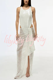 Fashion Sequin Sleeveless Fitted Rompers and Holiday Slit Maxi Skirt Set