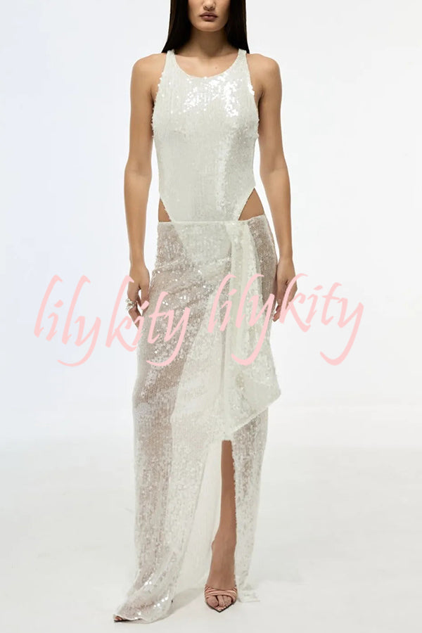 Fashion Sequin Sleeveless Fitted Rompers and Holiday Slit Maxi Skirt Set