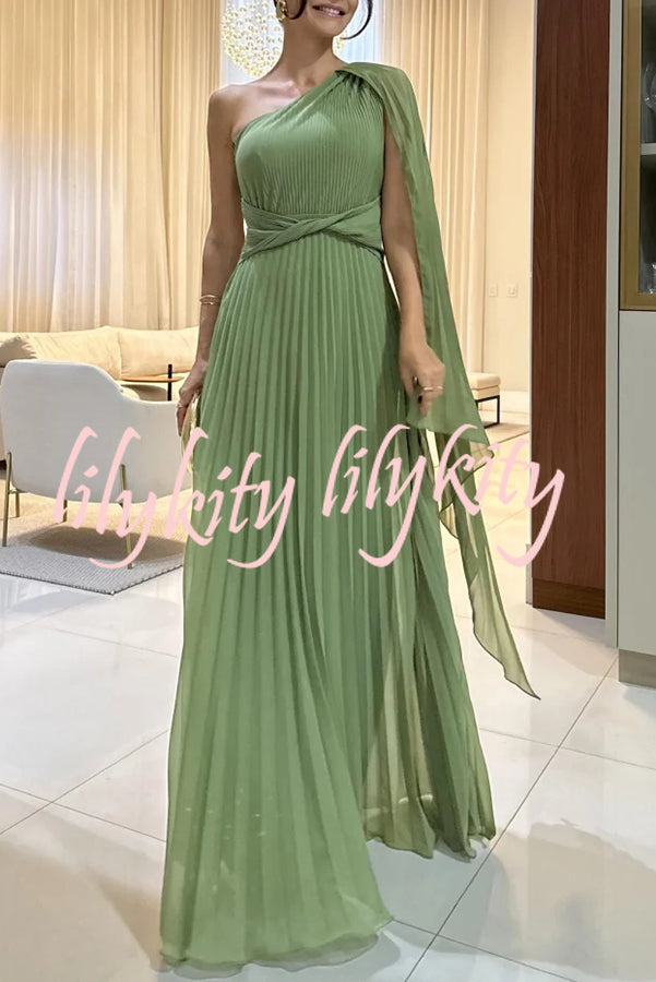 Kate Pleated One Shoulder Drape Sleeve Twist Waist Maxi Dress