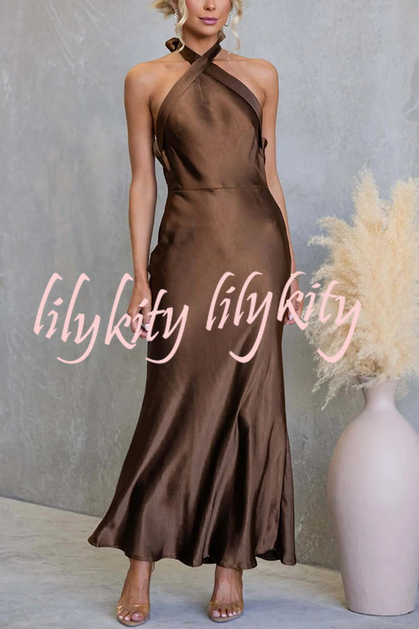 Satin Fashion Halter Backless Slim Elegant Maxi Dress