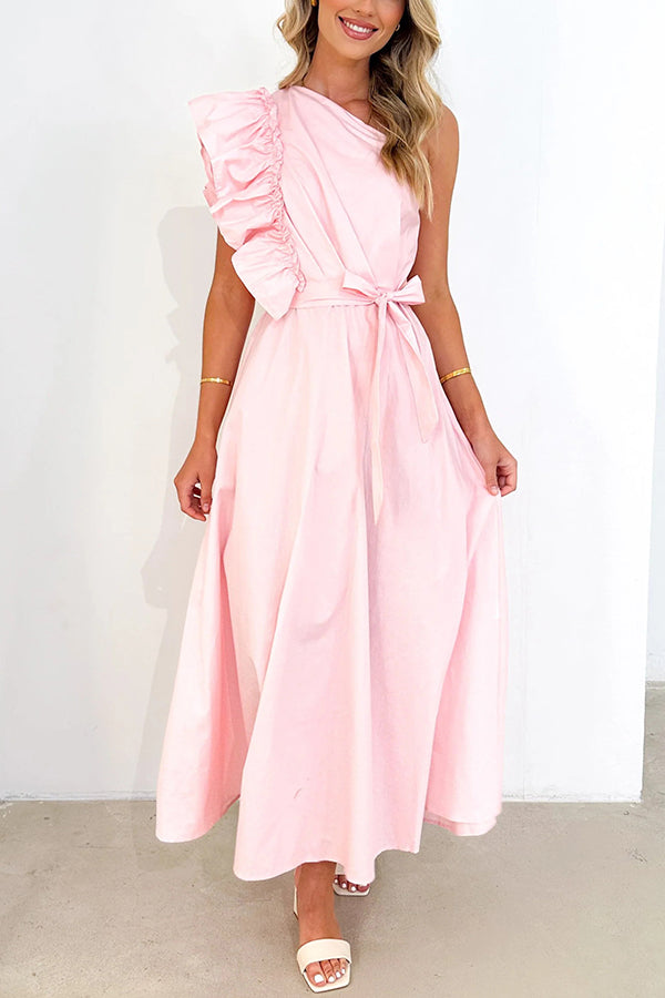 Solid One Shoulder Ruffled Sleeves Tie Waist Maxi Dress