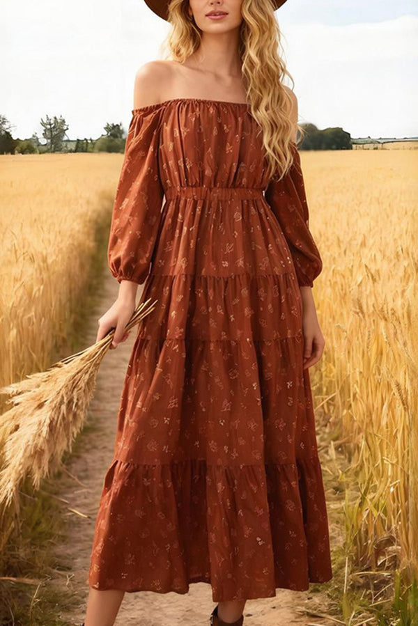 Unique Print Off-Shoulder Long-Sleeved Loose Midi Dress