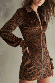 Stylish Leopard Print Suede Collar Zip-up Long-sleeved Slim-fit Mini Dress