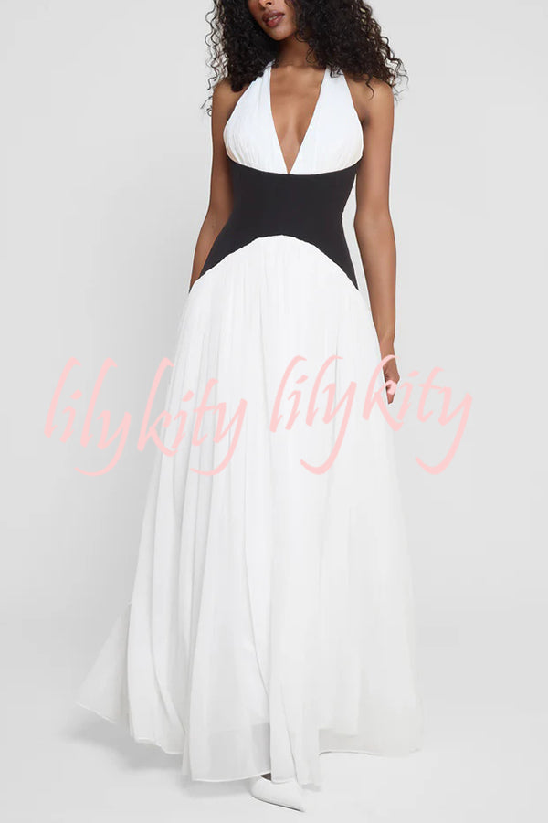 Fashionable Color Matching Sexy Halter Neck Waist Maxi Dress