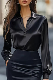 Solid Color Satin V-neck Long-sleeved Elegant Shirt