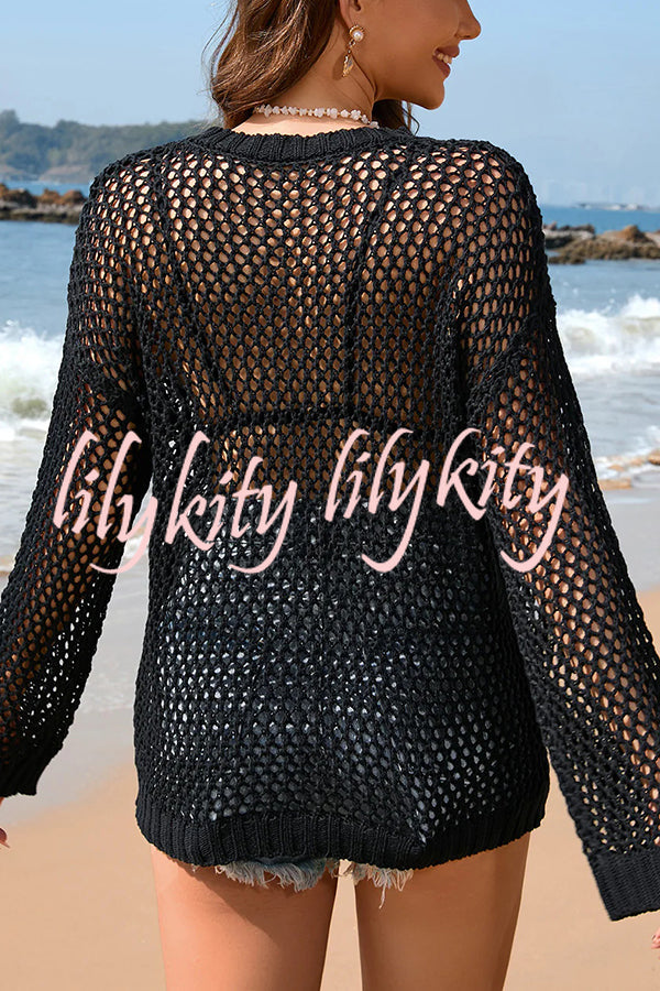 Solid Color Round Neck Long Sleeve Heart Knitted Beach Cover Up