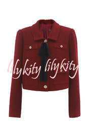 Sweet Dreams Tweed Bow Neck Button Long Sleeve Pocket Crop Jacket