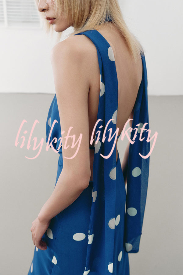 Fashion Polka Dot Print Sexy Halter Neck Backless Maxi Dress