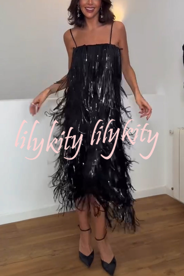 Chic Celebration Layered Sequined Tassels Slip Strapless H-line Midi Dress