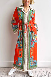 Linen Blend Unique Print Tie-waist Casual Maxi Dress