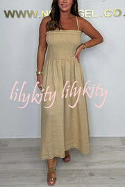 Solid Color Casual Short Jacket and Suspender Pleated Maxi Dress Set