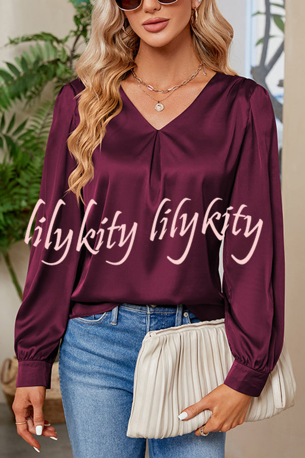 Satin Pleated V-neck Long-sleeved Loose Shirt