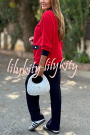 Stylish Color-blocked V-neck Knitted Button-down Cardigan and Elastic Waist Casual Wide-leg Pants Set