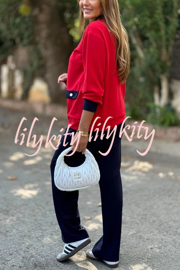 Stylish Color-blocked V-neck Knitted Button-down Cardigan and Elastic Waist Casual Wide-leg Pants Set