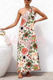 Botanical Print Elegant Strappy One-shoulder Resort Maxi Dress