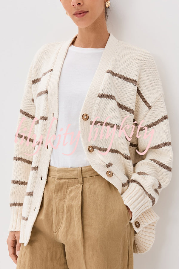Striped Loose V-neck Long-sleeved Casual Knit Cardigan