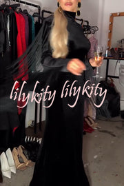 Eve Velvet Open Back Tassel Trim Long Sleeve Slit Maxi Dress