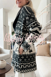 Winter Snowflake Waist Tie Lapel Midi Pocket Knit Cardigan