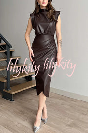 Elouise Faux Leather Turtleneck Shoulder Pads Ruched Slit Midi Dress