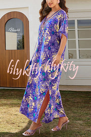 Floral Print V-Neck Lace-Up Loose Holiday Cover-Up Maxi Dress