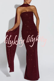 Pandra Glittery Crepe Fabric Off Shoulder Ruched Slit Cape Maxi Dress