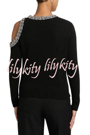 Holiday Party Knit Crystal-Embellished Cut-out Shoulder Long Sleeve Top