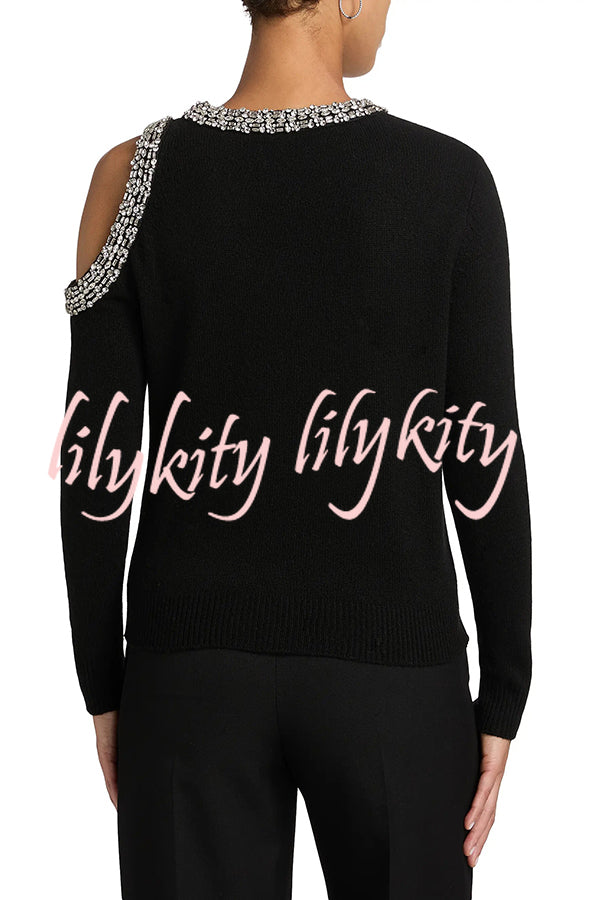 Holiday Party Knit Crystal-Embellished Cut-out Shoulder Long Sleeve Top