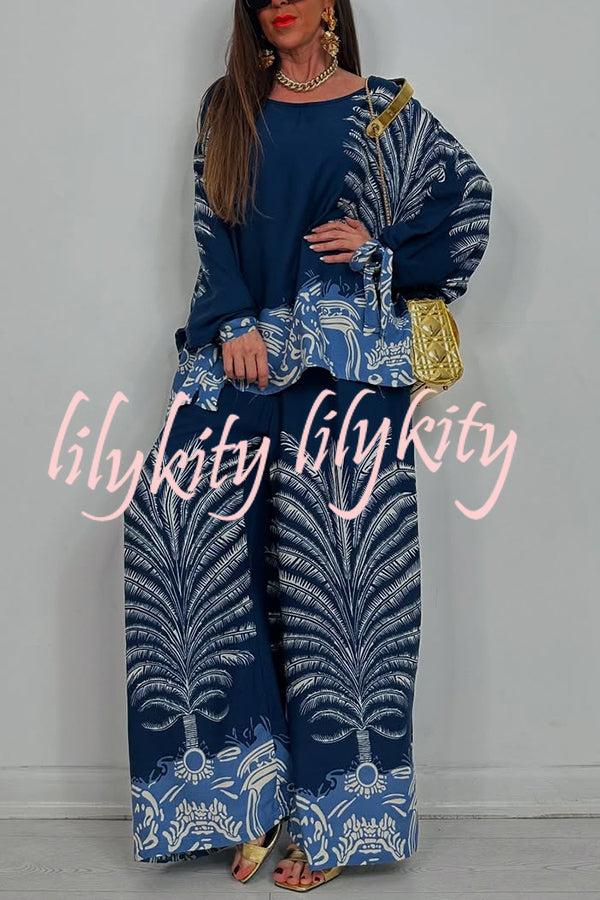 Unique Print Loose Drawstring Long Sleeve Top and Elastic Waist Casual Pocket Wide Leg Pants Set