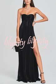 Metallic Sexy Tube Top Pleated High Slit Maxi Dress