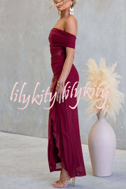 Sexy Mesh Off-shoulder Slim Fit Ruffled Slit Maxi Dress