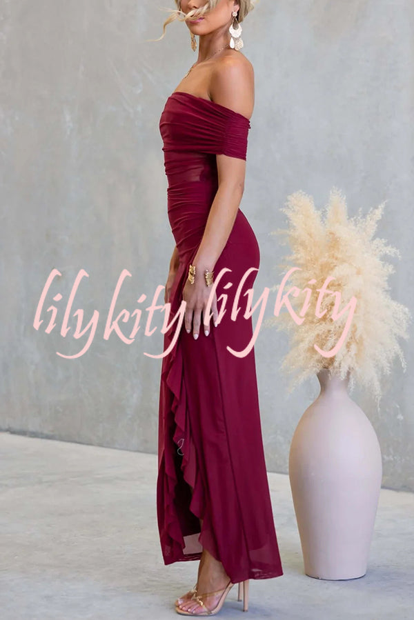 Sexy Mesh Off-shoulder Slim Fit Ruffled Slit Maxi Dress