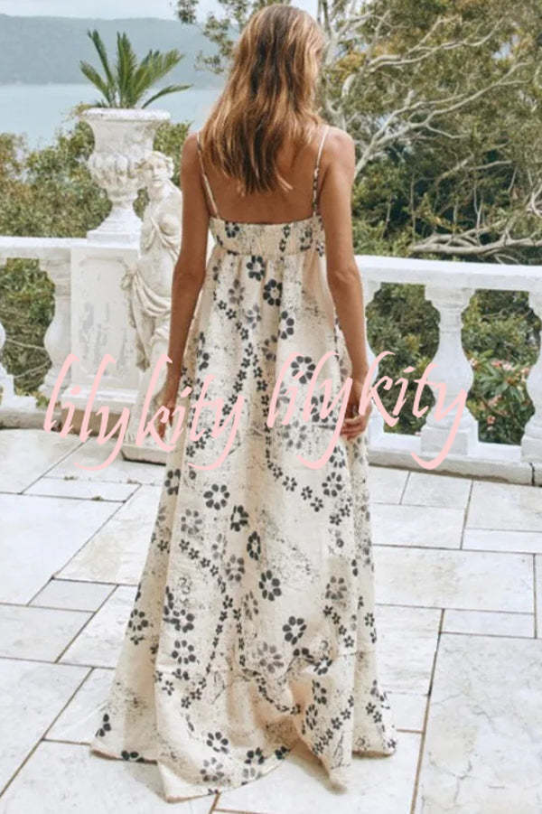 Linen Blend Floral Print Strappy Full-hem Backless Maxi Dress