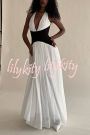 Fashionable Color Matching Sexy Halter Neck Waist Maxi Dress