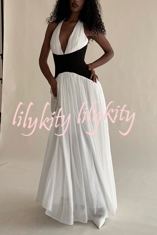 Fashionable Color Matching Sexy Halter Neck Waist Maxi Dress