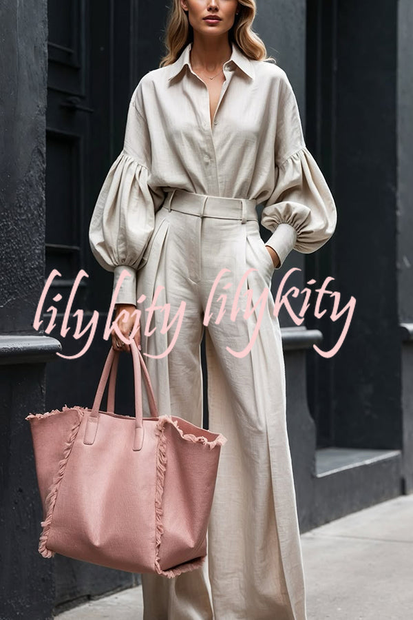Solid Color Lapel Long-sleeved Loose Shirt and Casual Wide-leg Pants Set