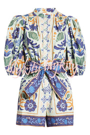 Elouise Linen Blend Unique Print Button Puff Sleeves Tie-up Pocketed Romper