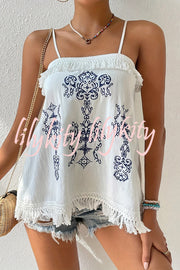 Ethnic Embroidered Adjustable Straps Fringed Top